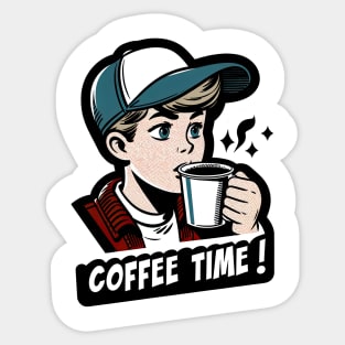 young boy drink cup of coffee Sticker